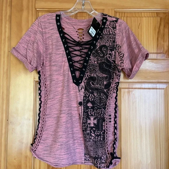 AFFLICTION Destroy LA Lace-up T-Shirt Sz. S - Picture 4 of 7